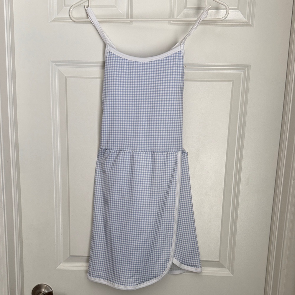 Blue and White Gingham Kids Dress with build in shorts with two side pockets